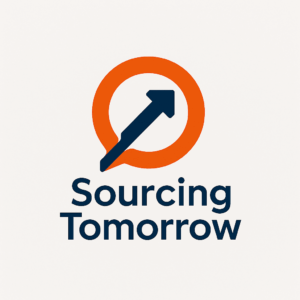 Modern logo for Sourcing Tomorrow, featuring bold typography and a forward-moving arrow symbolizing innovation and progress in procurement and supply chain management.